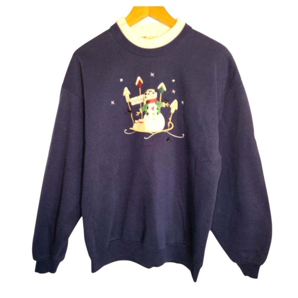VTG Top Stitch by Morning Sun Double Crew Embroidered Christmas Sweatshirt L USA